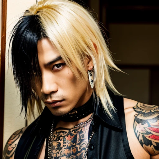 1 man, Japanese man, male, Asian eyes, muscular, broad shoulders, yakuza tattoos, hairstyle Visual Kei style, hair Visual Kei, black men's shirt and black pants, ultra detailed face, hyperrealistic, realistic representation, long hair, long hair, 30 years old, age 30 years, blond, blonde hair