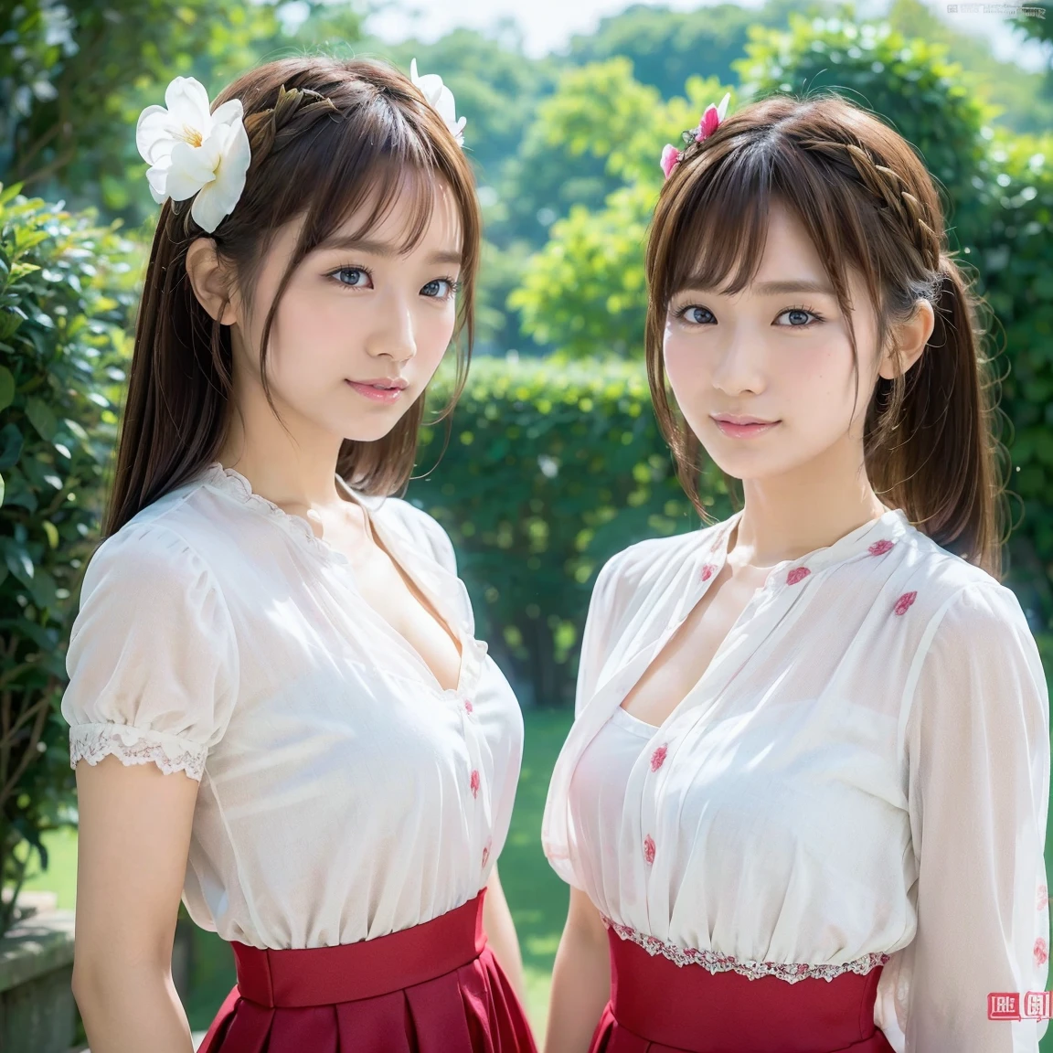 Identical Twin Sisters Exhibition, Medium Shot, Written boundary depth, bust, Upper Body, Movie angle, masterpiece, Highest quality, Very detailed, CG, 8k wallpaper, Beautiful Face, Delicate eyes, Otome, alone, smile, bangs, skirt, shirt, have, Crimson Dress, bow, petal, bouquet