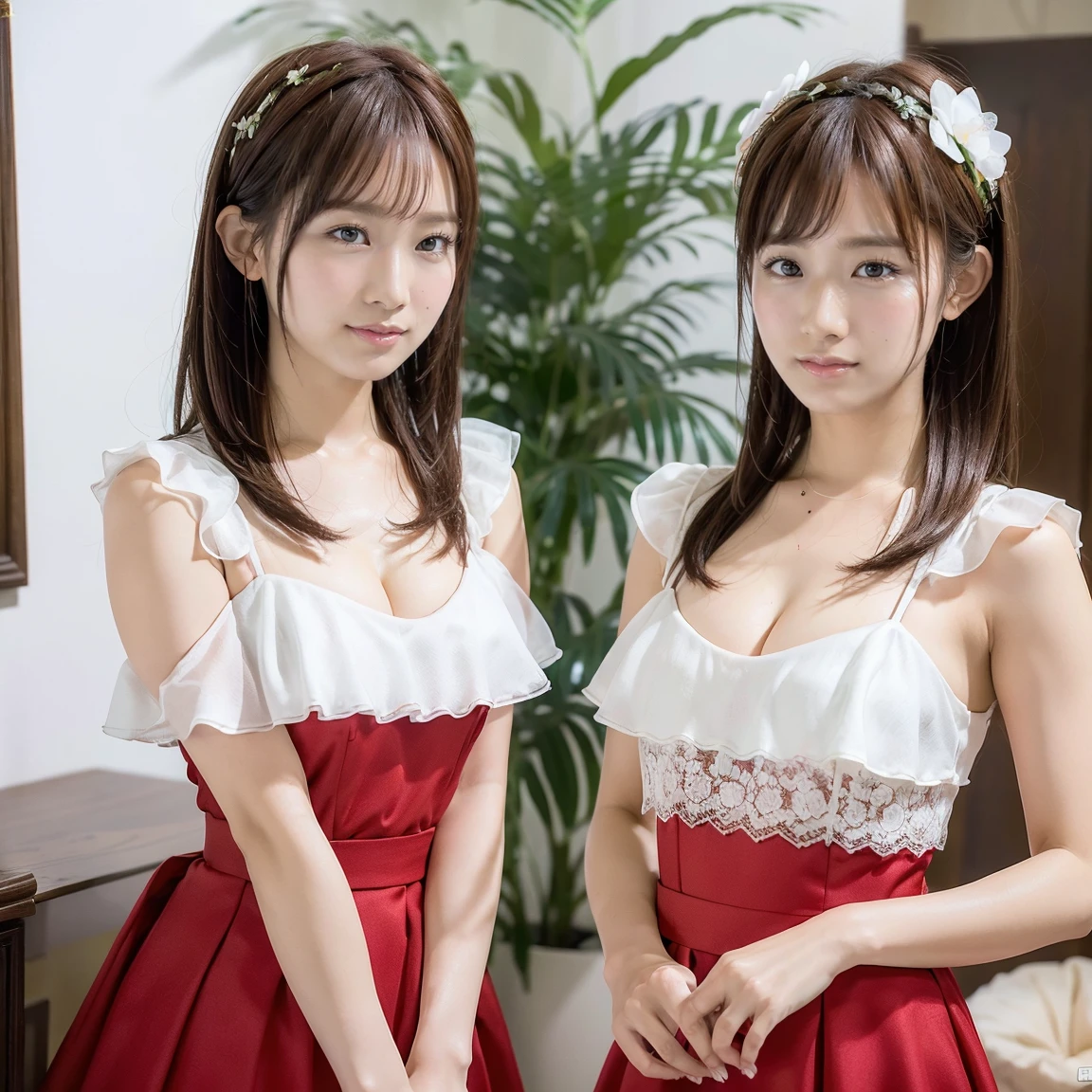 Identical Twin Sisters Exhibition, Medium Shot, Written boundary depth, bust, Upper Body, Movie angle, masterpiece, Highest quality, Very detailed, CG, 8k wallpaper, Beautiful Face, Delicate eyes, Otome, alone, smile, bangs, skirt, shirt, have, Crimson Dress, bow, petal, bouquet