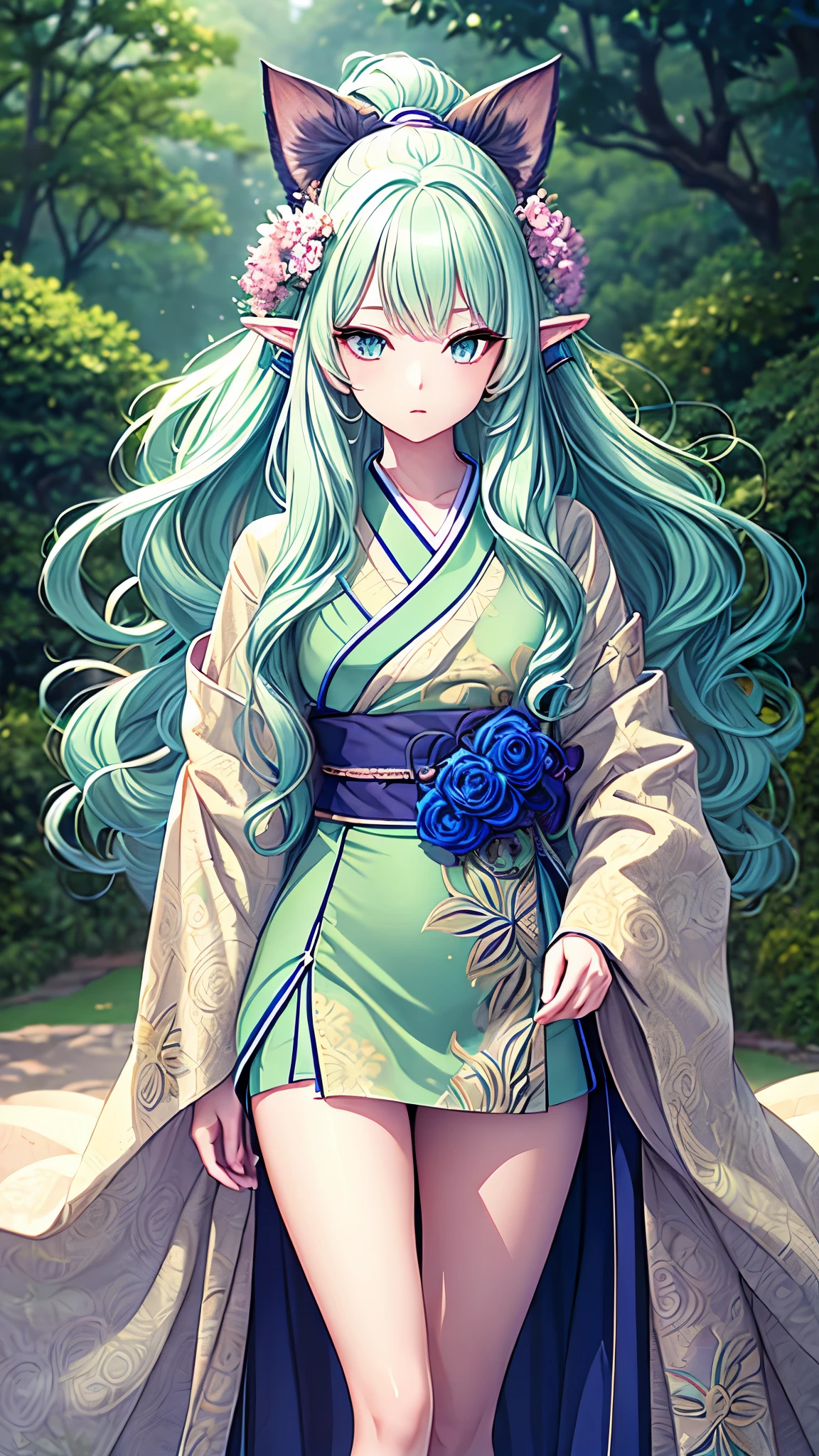 ((best quality)), ((masterpiece)), (detailed), une fille, visage parfait, Longhaire, ((golden hair)), curly hair, decorated cheveux, ultramarine blue eyes, ((((Serene sage, Superior craftsmanship, ultra-high resolution)))), 1girl, standing, ((long, wavy, pinkish-green hair, long lingering 'fringe' over eyes:1)) in a druid habit or shawl, ((thin, toned body), long sleeved tunics, short kimono-style pants with a decorated obi, tabi sandals), pov, bosom area covered, long ponytail waving in th wind, ((clear green eyes, mature; gentle and understanding; mystical aura around her)), thermal rendered, ((natural woodland setting; ingame graphics style)) super detailed, elegant signs of flowers blooming EXTRAVAGANiently on her leaves-cloak and ears, slightly tilt head /looking thoughtfully at viewer/