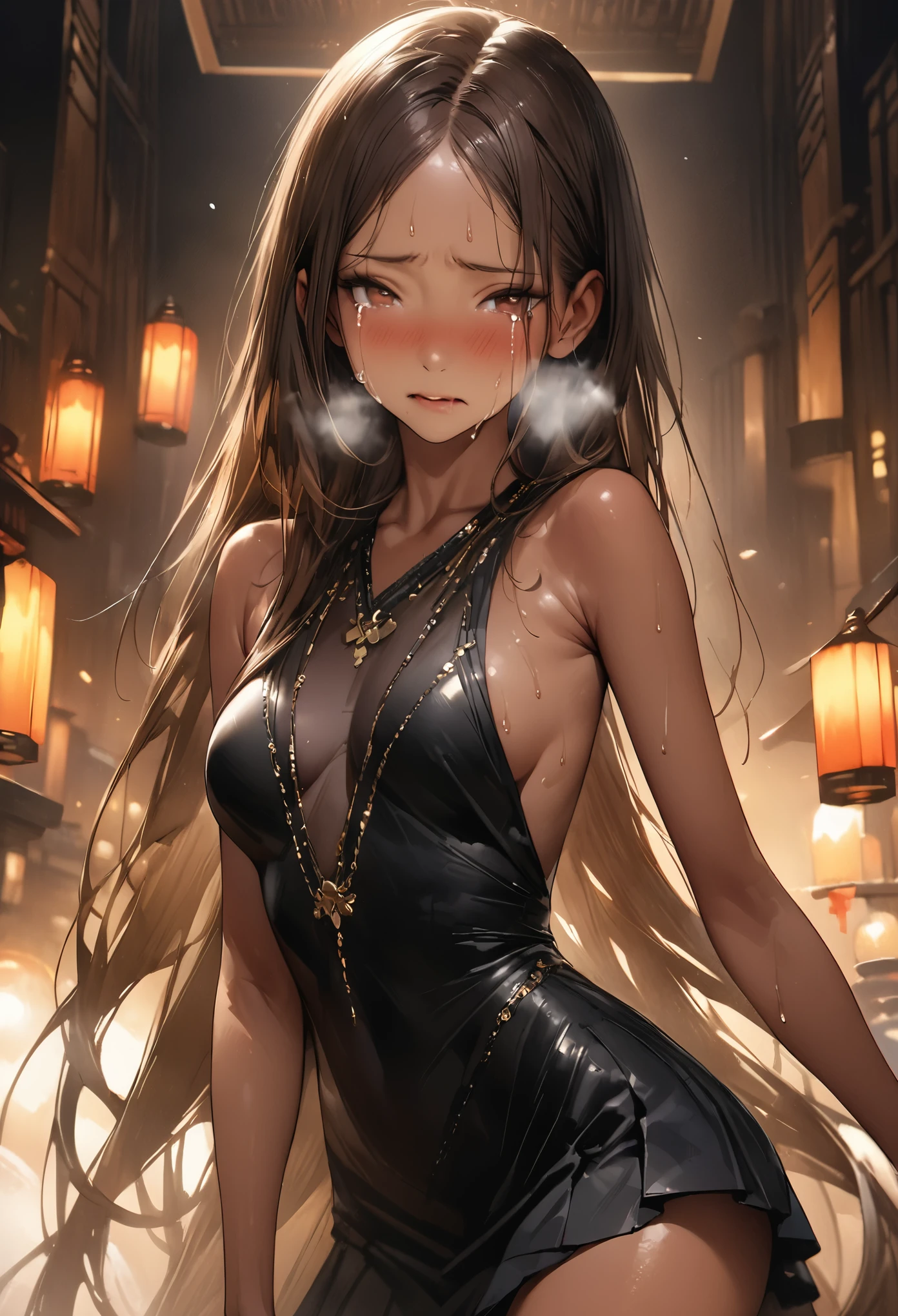 ((masterpiece,Highest quality:1.3,best quality illustration,realistic:1.3)),cowboy shot,独奏,1woman,(20-year-old、Japanese Beauty)、brown hair,long hair,center parted bangs,brown eyes,gorgeous eyes,((very small head:1.3)),tears,Heavy breathing,((very long body:1.2,skinny)),medium breasts,(tan skin:1.5), (gleaming skin,toned body,slender body),sweat,(Black sleeveless dress、Black pleated mini skirt)、Luxurious party venue、