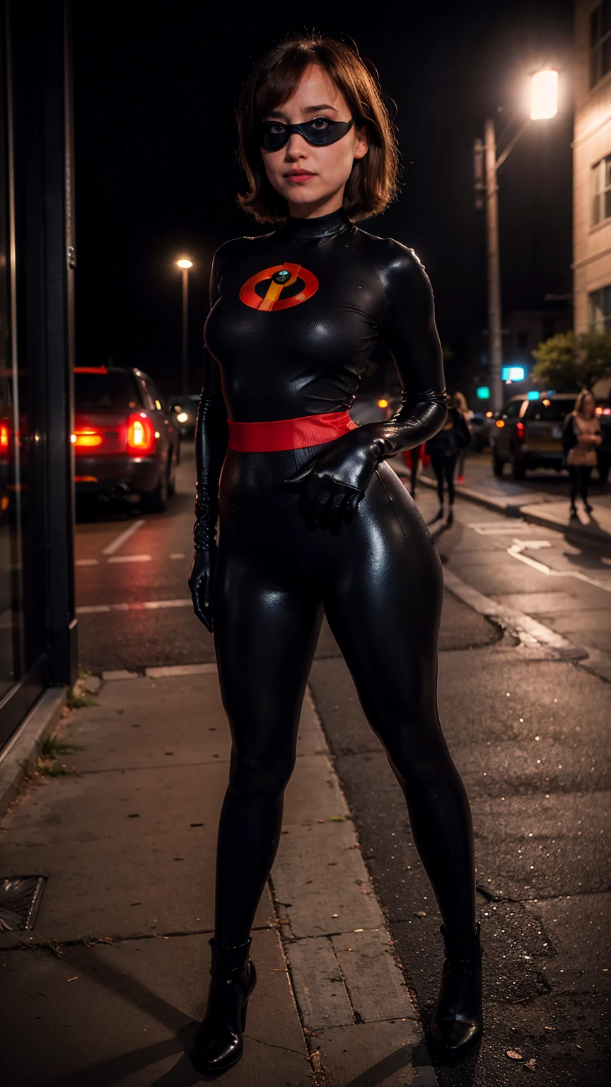 (masterpiece), (solo character), (photorealistic:1.4), ),(best quality), (the Incredibles red top bodysuit),, (Dakota Johnson wearing the Incredibles red bodysuit) ), (Dakota Johnson in Helen Parr hairstyle), (helen short hairstyle), (flashphoto), (epiCRealLife), (lora:epiCFlashPhoto), (wearing thighhigh), (the incredibles elbow gloves), (crop top cleavages), (Dakota Johnson the wearing Incredibles black eye domino mask),, (pose for picture), (standing poses),, at night, outdoor, close up