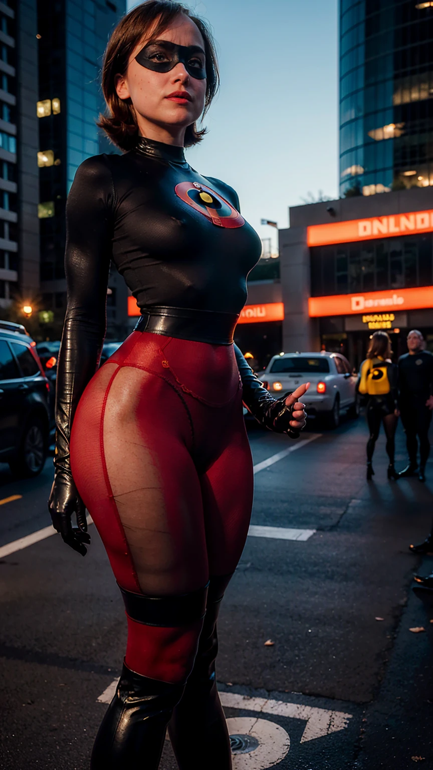 (masterpiece), (solo character), (photorealistic:1.4), ),(best quality), (the Incredibles red top bodysuit),, (Dakota Johnson wearing the Incredibles red bodysuit) ), (Dakota Johnson in Helen Parr hairstyle), (helen short hairstyle), (flashphoto), (epiCRealLife), (lora:epiCFlashPhoto), (wearing thighhigh), (the incredibles elbow gloves), (crop top cleavages), (Dakota Johnson the wearing Incredibles black eye domino mask),, (pose for picture), (standing poses),, at night, outdoor, close up