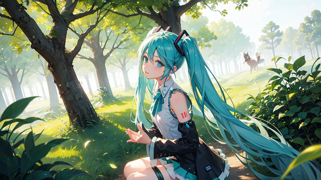 a girl who closely resembles the character Hatsune Miku poses for a photo next to a fox in a magical forest