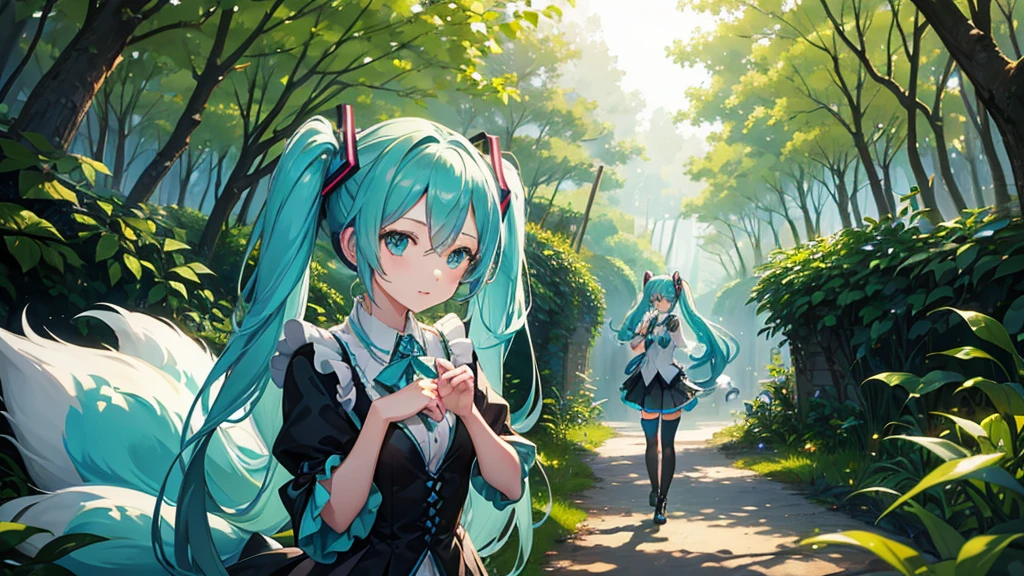 a girl who closely resembles the character Hatsune Miku poses for a photo next to a fox in a magical forest