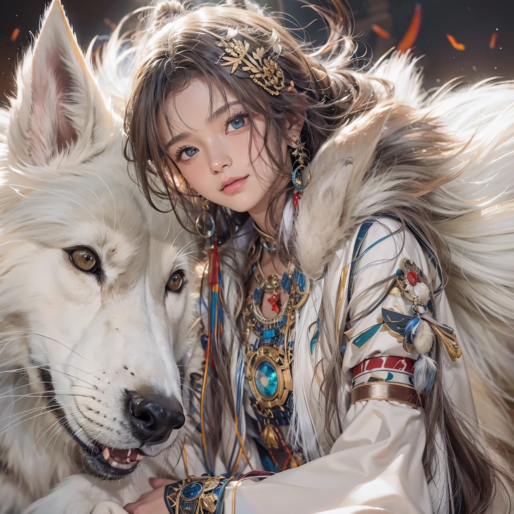 Shirakami-Sanchi、Hair flow、 ((Highest quality、masterpiece、8K、Best image quality、Ultra-high resolution、Award-winning works)、(Accurate anatomy:1.1)、(Look at me and smile:1.1)、Shining fair skin with Ultra-high resolution、The most detailed face、Ultra-high resolution detailed face、Ultra-high resolutionの髪の毛、(Ultra-high resolutionの煌めく瞳:1.1)、Beautiful face drawn in every detail、(Blurred Background:1.1)、Native American white costume, American Indian Clothing, Chest to chest, tattoo、There'A real white wolf sitting next to you