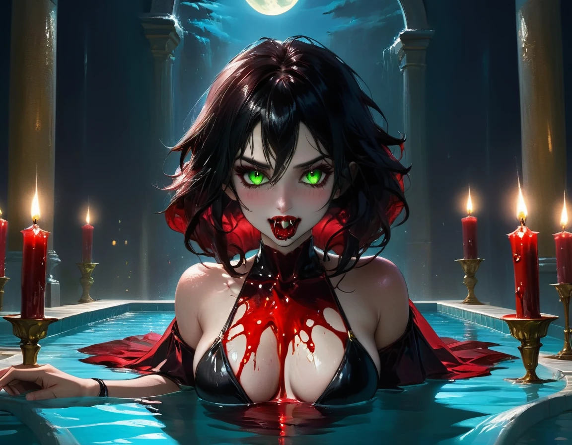 a picture of a female vampire in an infinity pool of blood watching the city at night, (Masterpiece, intense details: 1.5 ), exquisite, dreadful beautiful vampire, long black hair, intense green eyes, evil smile, fangs, busty sitting near a large infinity pool of dark ((red blood: 1.2)) there are stone steps leading to the pool, lit by candles, elegant pool rim, (falls of blood fill the pool: 1.3), there is a crystal glass of wine near the vampire, she is wearing glamour black bathing suit, high detail, Conceptual art, Realism, cinematic lighting, moon light, reflection light, from side, panorama, ((anatomically correct:1.5))Ultra-Wide Angle, Wide-Angle, award winning, best quality, high quality, high details, highres, vibrant, Ultra-high resolution, High Contrast, (masterpiece:1.5), highest quality, Best aesthetics), best details, best quality, highres, ultra wide angle, 16k, [ultra detailed], masterpiece, best quality, (extremely detailed), Blood_Covered, vampire teeth,