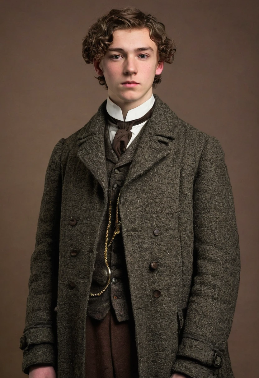 A lowborn young man from the victorian age. He is tall. He has broad shoulders. He is 19 years old. He looks nervous and is average looking. He has short brown hair that’s kept in a sidepart, but his hair is also slightly curly on the ends. He is thin and his skin is pale. He is dressed in a winter suit.
