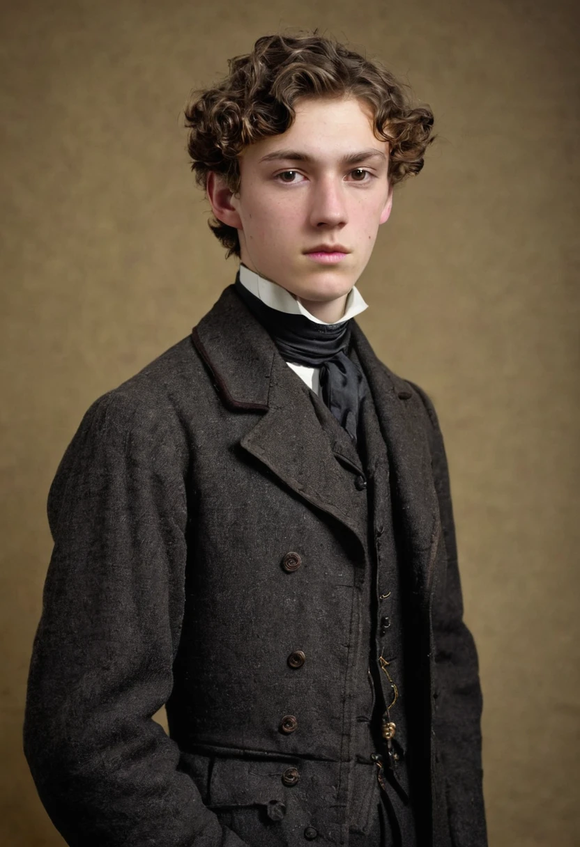 A lowborn young man from the victorian age. He is tall. He has broad shoulders. He is 19 years old. He looks nervous and is average looking. He has short brown hair that’s kept in a sidepart, but his hair is also slightly curly on the ends. He is thin and his skin is pale. He is dressed in a winter suit.