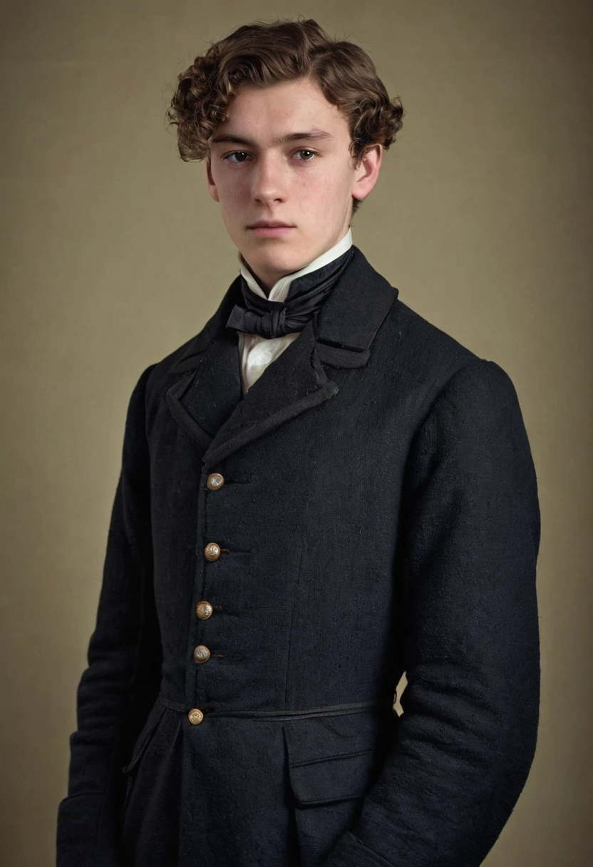 A lowborn young man from the victorian age. He is tall. He has broad shoulders. He is 19 years old. He looks nervous and is average looking. He has short brown hair that’s kept in a sidepart, but his hair is also slightly curly on the ends. He is thin and his skin is pale. He is dressed in a winter suit.