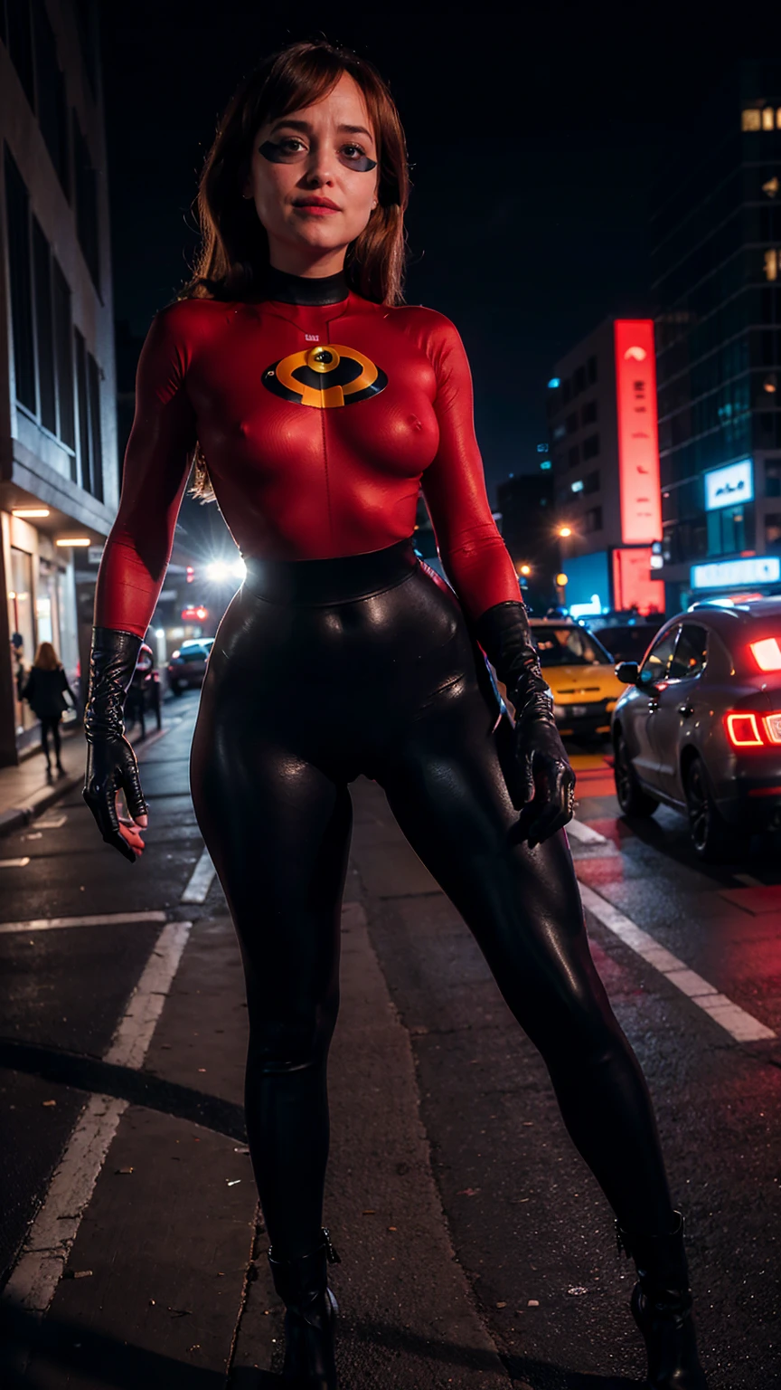 (masterpiece), (solo character), (photorealistic:1.4), ),(best quality), (the Incredibles red top bodysuit),, (Dakota Johnson wearing the Incredibles red bodysuit) ), (Dakota Johnson in Helen Parr hairstyle), (helen short hairstyle), (flashphoto), (epiCRealLife), (lora:epiCFlashPhoto), (wearing thighhigh), (the incredibles elbow gloves), (midriff cleavages), (Dakota Johnson the wearing Incredibles black eye domino mask),, (pose for picture), (standing poses),, at night, outdoor, close up
