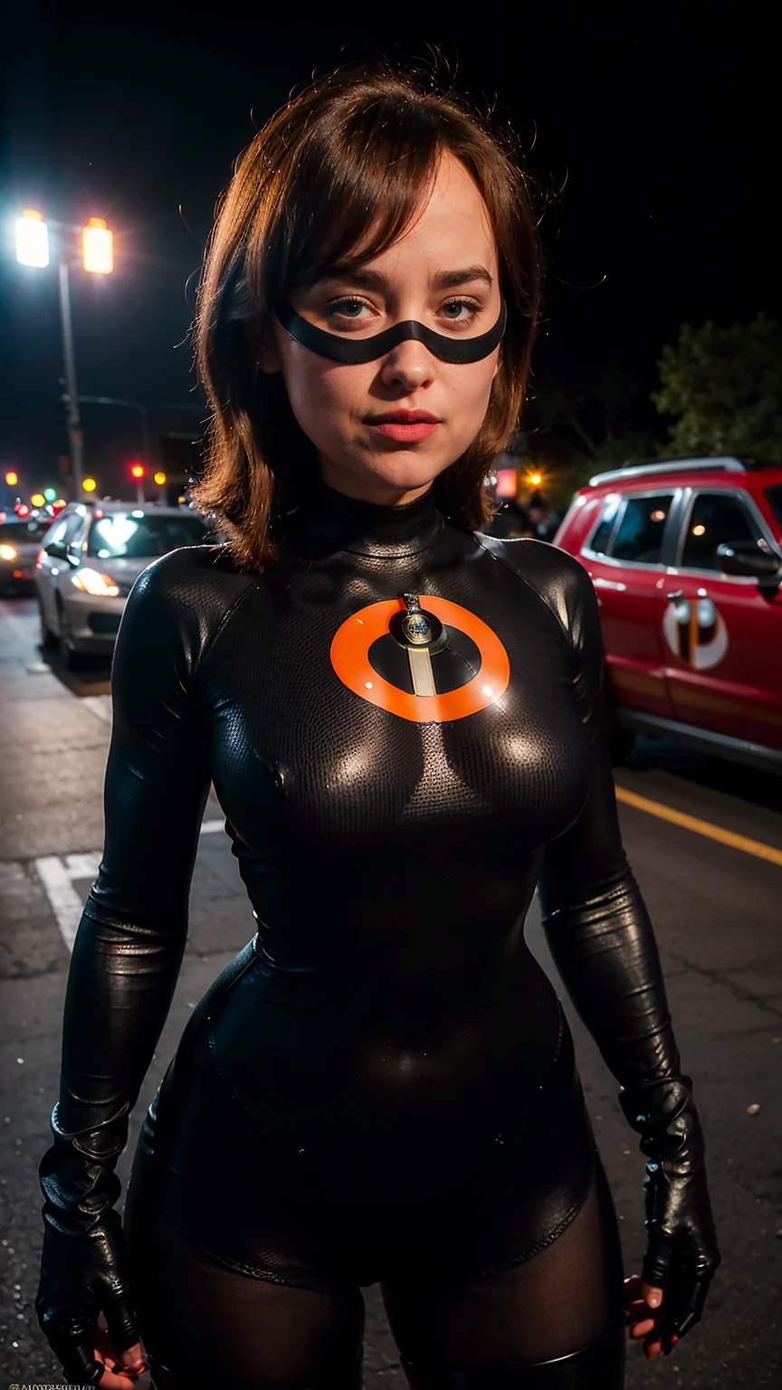 (masterpiece), (solo character), (photorealistic:1.4), ),(best quality), (the Incredibles red top bodysuit),, (Dakota Johnson wearing the Incredibles red bodysuit) ), (Dakota Johnson in Helen Parr hairstyle), (helen short hairstyle), (flashphoto), (epiCRealLife), (lora:epiCFlashPhoto), (wearing thighhigh), (the incredibles elbow gloves), (midriff cleavages), (Dakota Johnson the wearing Incredibles black eye domino mask),, (pose for picture), (standing poses),, at night, outdoor, close up