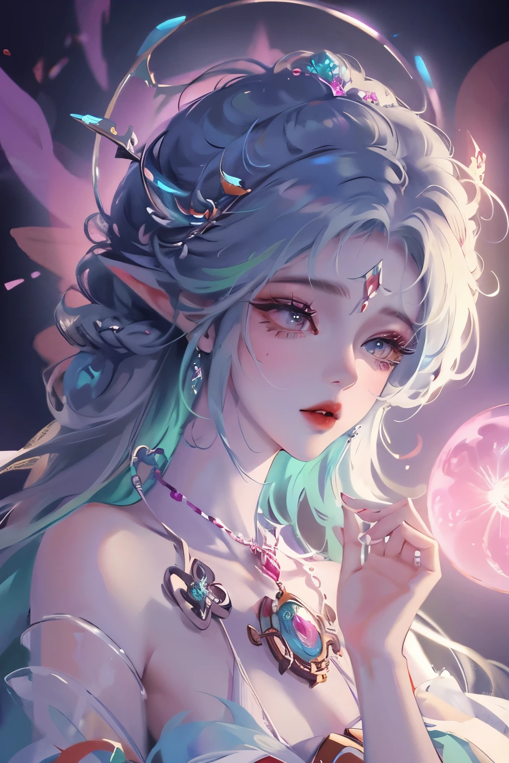 Close-up of a woman with rich and colorful hair and necklace, Anime girl with cosmic long hair, The soft vibrancy of Rossdraws, Guvez-style artwork, Fantasy art style, rich and colorful], Vibrant fantasy style, Rossdraws Vibrant cartoons, cosmic and rich and colorful, Gu Weiss, rich and colorful digital fantasy art, Stunning art style, Beautiful anime style, Full body lighting, Skin brightening, Sexy expressions