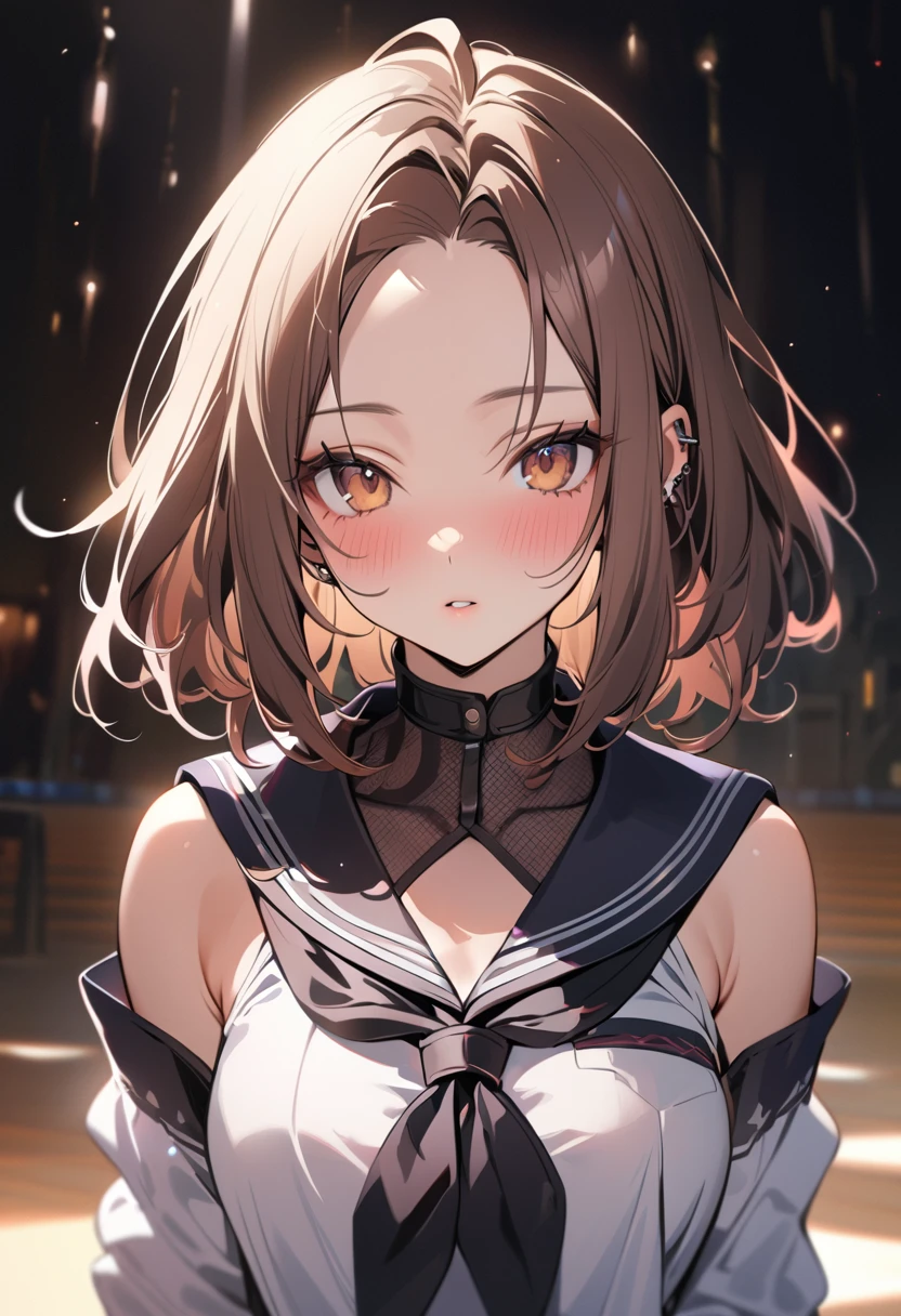1 girl, bob, center part, forehead, brown hair, piercing, brown eyes, (blush:1.2)
BREAK (masterpiece), (high resolution 8K), cinematic lighting, professional lighting, detailed eyes and face, detailed body, 
BREAK serafuku, bare shoulders, 