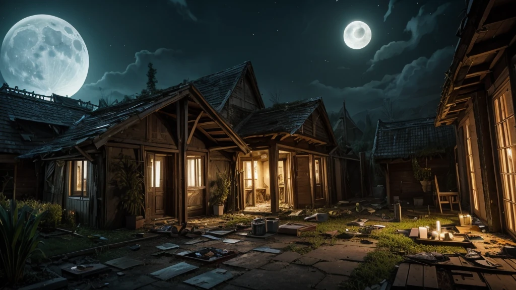Background, perspective, attic, Ruin, Board, Mess, Creepers, plants, moon