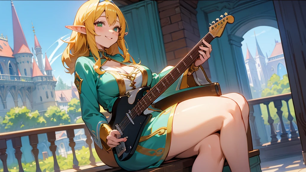 Thick thighs,Anime Style,A detailed background with many people,Magical World,A lively balcony with many people,Smiling bard beautiful elf girl,guitar,Large Breasts