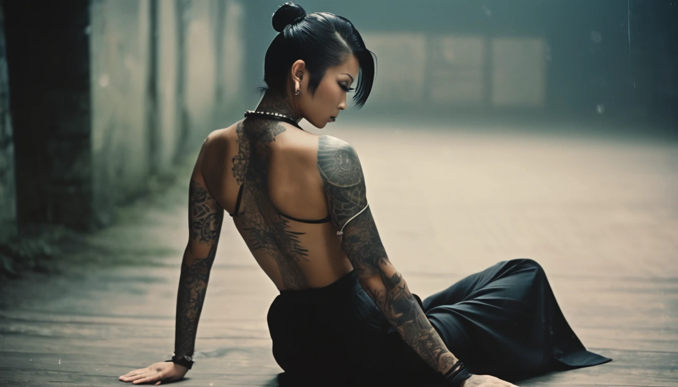 35mm vintage photo , A lady with tattoo sitting on the floor, (muscular:1.2) ,(wide shoulder) , scars on back, yakuza girl, bun hair, hannya back tattoos, hand wide open, showing back muscle, female samurai, Full body tattoos, back view, holding a very shiny katana,bokeh, professional