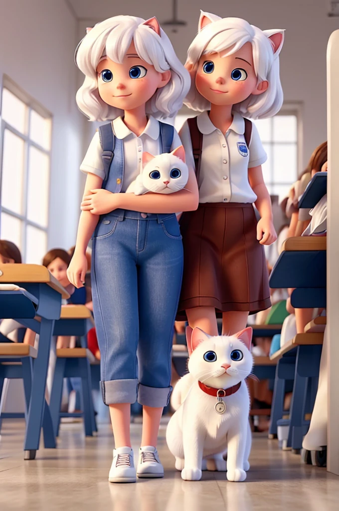 White cat leaving her puppy at school