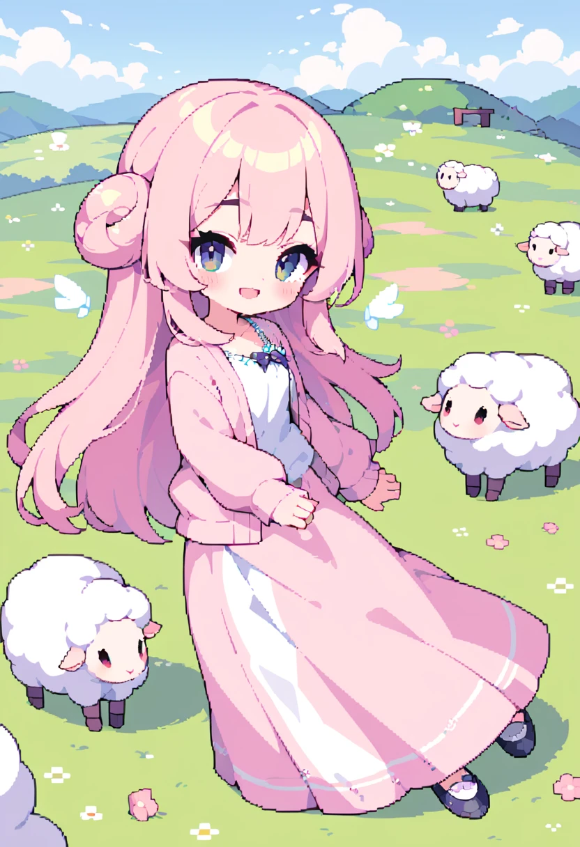 masterpiece, Highest quality, 8K, Pixel art, Pixel Art, vivid, woman, 若いwoman, smile, kawaii, Facing at an angle, Mouth open, Fluffy hair, Long Hair, sheepの毛のような髪, Pink Hair, Eyebrow, 太いEyebrow, one piece, Pink clothes, Long skirt, Fluttering, cardigan, 水色のcardigan, shoes, 茶色いshoes, grassland, sheep, もこもこのsheep, 大きいsheep, sheepの群れ, sheepに乗っている,