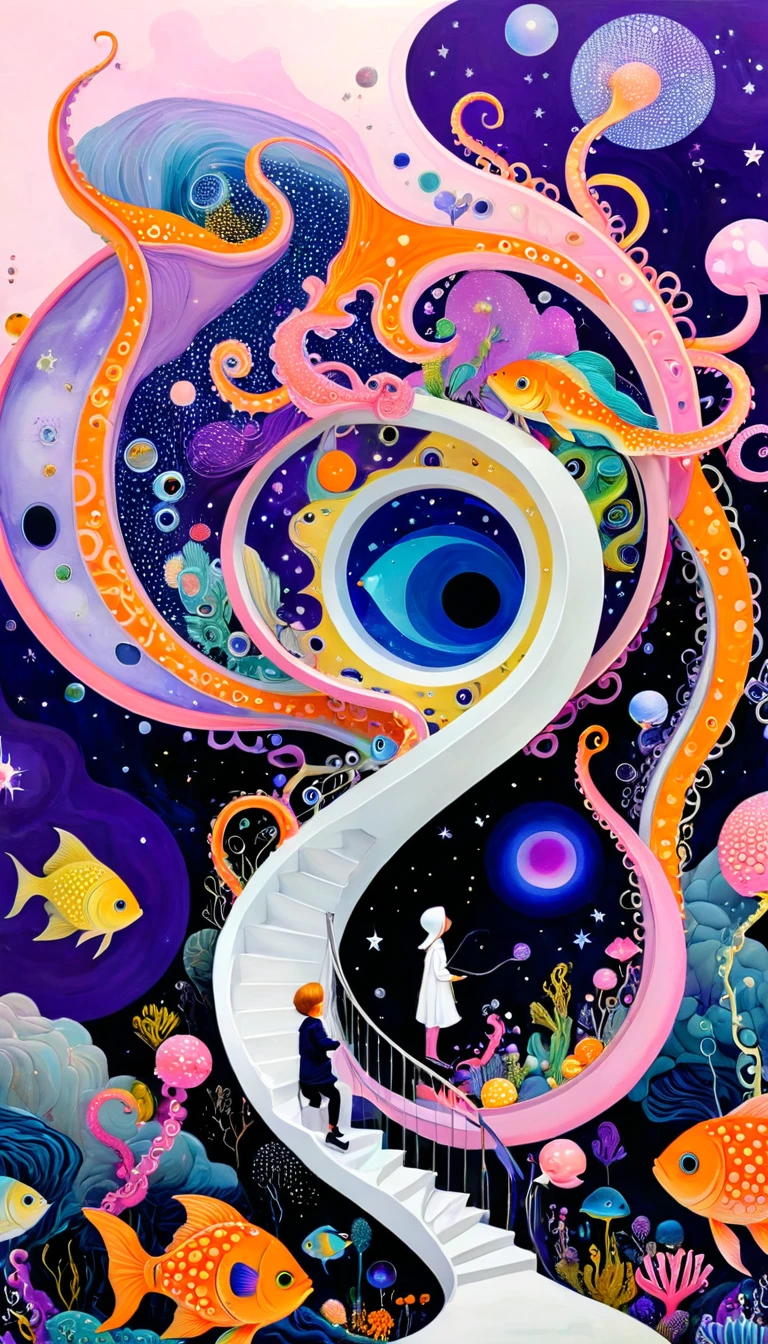 &quot;???? Ellescas Artist Style&quot;,章fish热气球，Tentacles瀑布，Starry Sky、粉色美人fish、fish、Tentacles、bird、Eye、Bubble Squeeze、autistic patient、diatom，Spiral Staircase，Stitching together an abstract painting，Describing the inner world of autistic people，Sense of space，White Space，interesting，Innocence，Psychedelic Art，Pink theme，Bold contrasts，Purple and Orange
