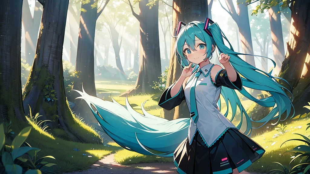a girl who closely resembles the character Hatsune Miku poses for a photo next to a fox in a magical forest