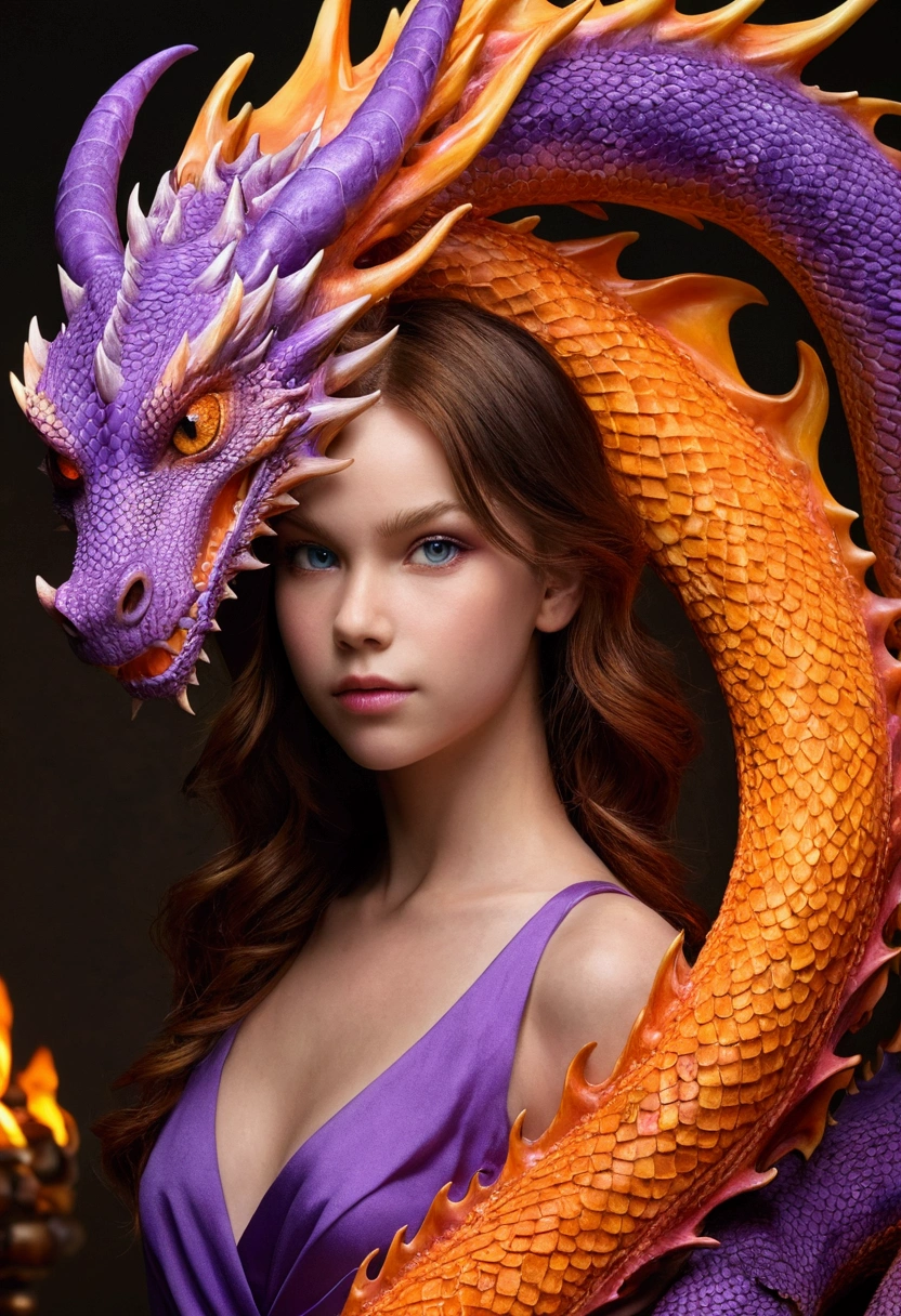 Dragon orange en flamme avec jeune fille aux cheveux bruns et aux yeux violets