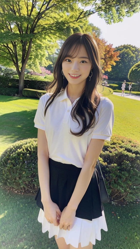 ((Wearing a polo shirt、mini skirt、White sneakers、Converse sneakers:1.2))、(8K、Highest quality、high resolution、High resolution、masterpiece:1.15)、One Woman、 Japanese girl、Japanese Model、((Full body photo、Photograph the whole body))、Pretty woman、Walking in the park in spring、A flowerbed with yellow rapeseed flowers in bloom、Perfect proportions、8th life、Tasteful dress、(Clear photos、RAW Photos:1.3)、Detailed face、Detailed eyes、Dark Brown Hair、Medium Hair、Delicate hair、Looking at me with a smile、Dark gray eyes、Perfect limbs、Anatomically correct、Sunny day in the park、Tokyo in April、((Canon EOS 5D Mark 4とSIGMA Art Lens 85mm F1.4 Shot with DG HSM lens、F-stop 2.4、iso 200、Shutter Speed 2000))、Beautiful feet、Medium breast、Lifelike skin texture、Beautiful Skin、Hair hanging in one ear、Direct your gaze this way、Japanese schoolgirl、e polo shirt、Short sleeve、Long Shot、((Depth))、Portrait、Realistic、Photorealistic、超high resolution、超High resolution、Beautiful teeth alignment、nice smile、Loose wavy hairstyle、Light hairstyle、Tasteful hair style、Woman walking on a park trail、Detailed nose、Detailed lips、Thin eyebrows、Glossy lips、Double eyelids、Thin arms、Beautiful hands、Five fingers、Tiffany Watches、Simple watches、Thin Necklace、Earrings、Natural Makeup、Light makeup、Thin face、Beautiful knees、Beautiful breast shape、Height is 170 cm、Narrow waist