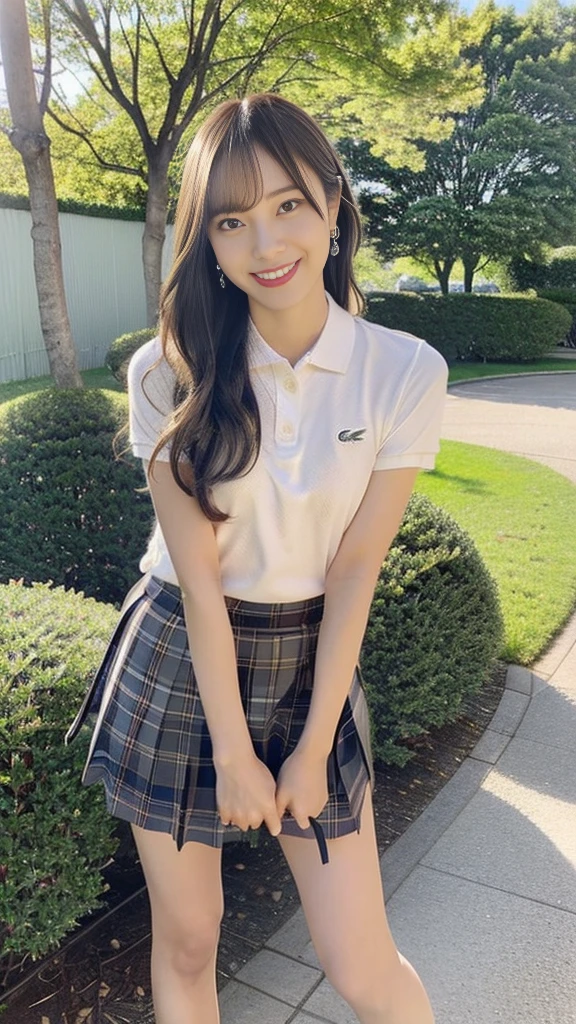 ((Wearing a polo shirt、mini skirt、White sneakers、Converse sneakers:1.2))、(8K、Highest quality、high resolution、High resolution、masterpiece:1.15)、One Woman、17 year old Japanese girl、Japanese Model、((Full body photo、Photograph the whole body))、Pretty woman、Walking in the park in spring、A flowerbed with yellow rapeseed flowers in bloom、Perfect proportions、8th life、Tasteful dress、(Clear photos、RAW Photos:1.3)、Detailed face、Detailed eyes、Dark Brown Hair、Medium Hair、Delicate hair、Looking at me with a smile、Dark gray eyes、Perfect limbs、Anatomically correct、Sunny day in the park、Tokyo in April、((Canon EOS 5D Mark 4とSIGMA Art Lens 85mm F1.4 Shot with DG HSM lens、F-stop 2.4、iso 200、Shutter Speed 2000))、Beautiful feet、Medium breast、Lifelike skin texture、Beautiful Skin、Hair hanging in one ear、Direct your gaze this way、Japanese schoolgirl、Lacoste polo shirt、Short sleeve、Long Shot、((Depth))、Portrait、Realistic、Photorealistic、超high resolution、超High resolution、Beautiful teeth alignment、nice smile、Loose wavy hairstyle、Light hairstyle、Tasteful hair style、Woman walking on a park trail、Detailed nose、Detailed lips、Thin eyebrows、Glossy lips、Double eyelids、Thin arms、Beautiful hands、Five fingers、Tiffany Watches、Simple watches、Thin Necklace、Earrings、Natural Makeup、Light makeup、Thin face、Beautiful knees、Beautiful breast shape、Height is 170 cm、Narrow waist