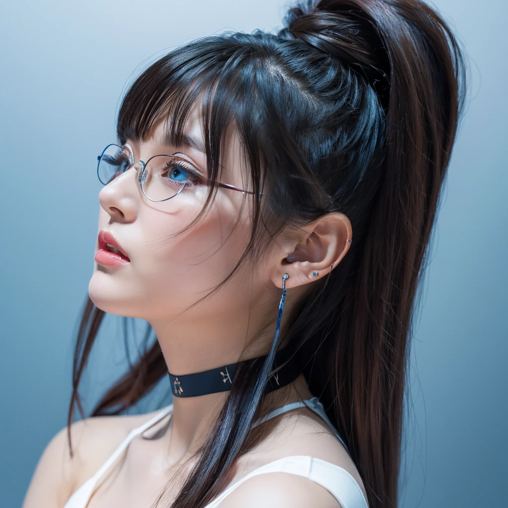 8k wallpaper, masterpiece, movie lighting, best quality, illustration, dramatic angle, ((color: 1.1)), ((color inner hair: 1.4)), 1girl, solo, long hair, water, blue eyes, black glasses, choker, parted lips, white choker, liquid hair, black hair, bangs, from side, side, upper body, simple background, gray background, bare shoulders, portrait, looking at the audience, white dress, hair between eyes, white background, earrings,