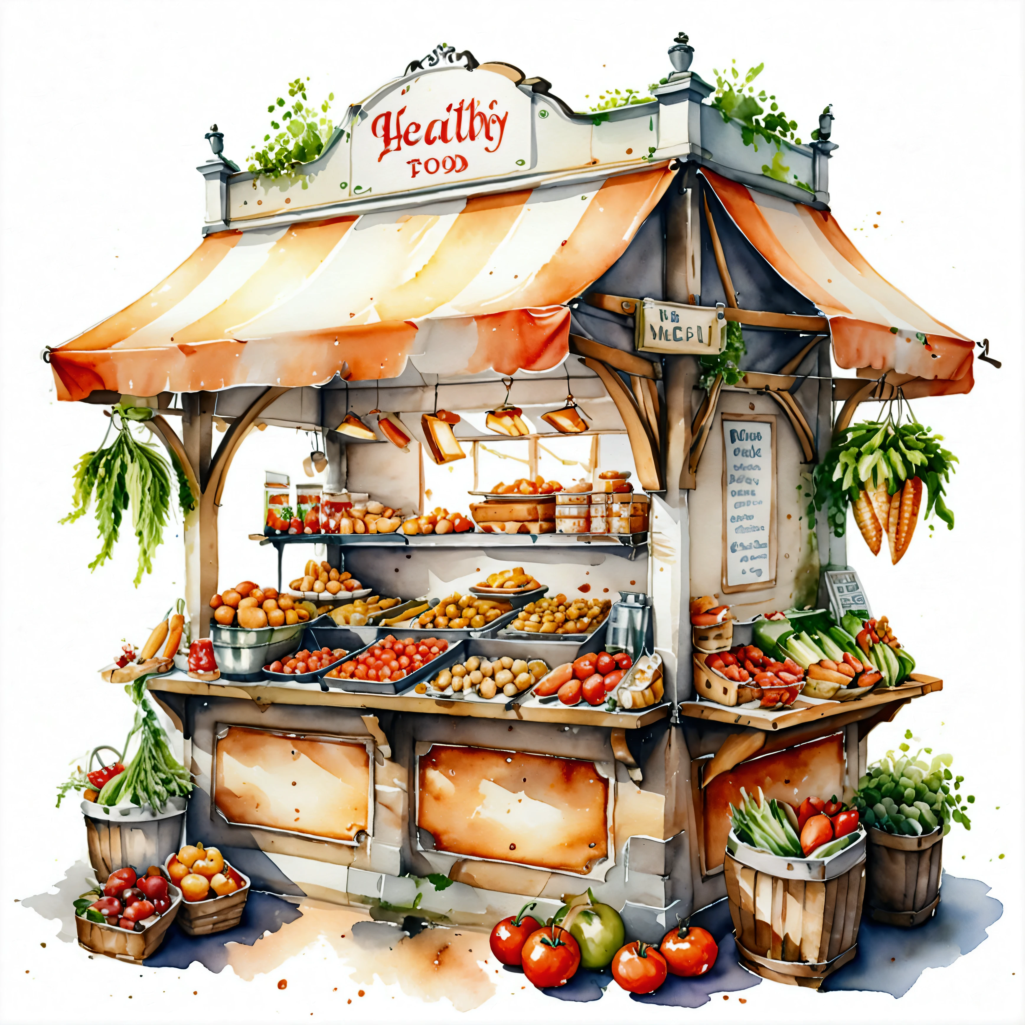 traditional european food stall of healthy food, illustration, isolated with solid white background, surrounded with negative space, centered composition, 8k, highest detailed painting, very precise painting, Isolated, clear solid white background, perspective angle of view, cartoon style, ((watercolor:1)), clip art, (lora:add-detail-xl:1), (masterpiece), (best quality),