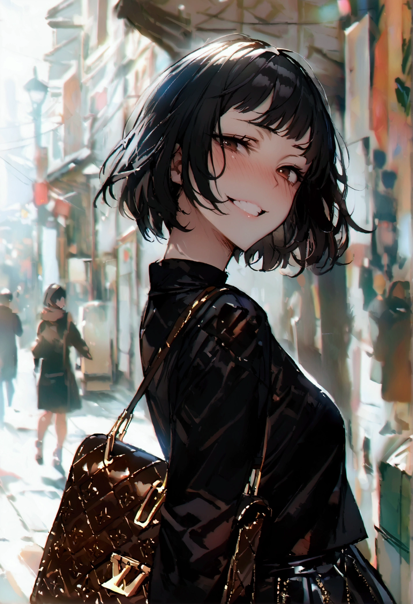 masterpiece, best quality 1girl, solo, beautiful woman, bangs, black hair, short hair, bob cut, dark brown eyes, deep blush, grin, medium breasts, black turtle neck sweeter, short black skirt, plated skirt, louis vuitton handbag, looking at viewer, street background
