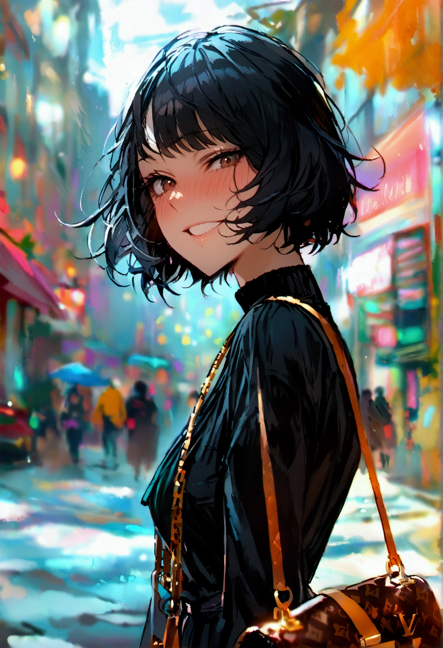 masterpiece, best quality 1girl, solo, beautiful woman, bangs, black hair, short hair, bob cut, dark brown eyes, deep blush, grin, medium breasts, black turtle neck sweeter, short black skirt, plated skirt, louis vuitton handbag, looking at viewer, street background