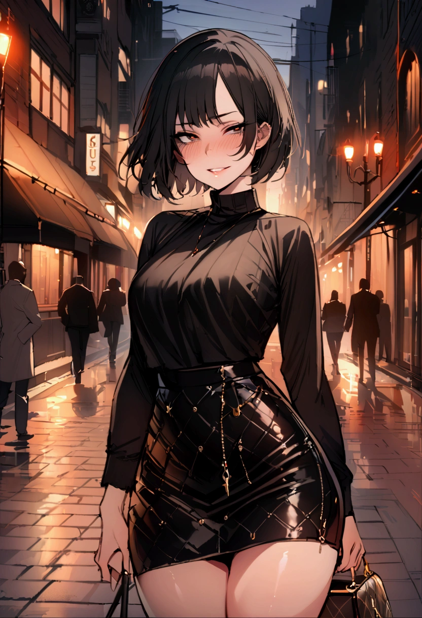 masterpiece, best quality 1girl, solo, beautiful woman, bangs, black hair, short hair, bob cut, dark brown eyes, deep blush, grin, medium breasts, black turtle neck sweeter, short black skirt, plated skirt, louis vuitton handbag, arms crossed under her breasts, looking at viewer street background