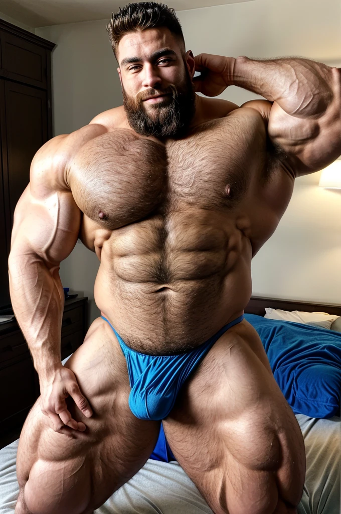 arafed man with a beard and a blue thong on a bed, gigachad muscular, massive muscles, bulging muscles, big muscle, large muscles, muscular body, muscular men, exaggeratedly large physique, very beautiful. big muscles, huge muscles, robust stocky body, sexy muscular body, big muscles, bodybuilder body, hairy torso