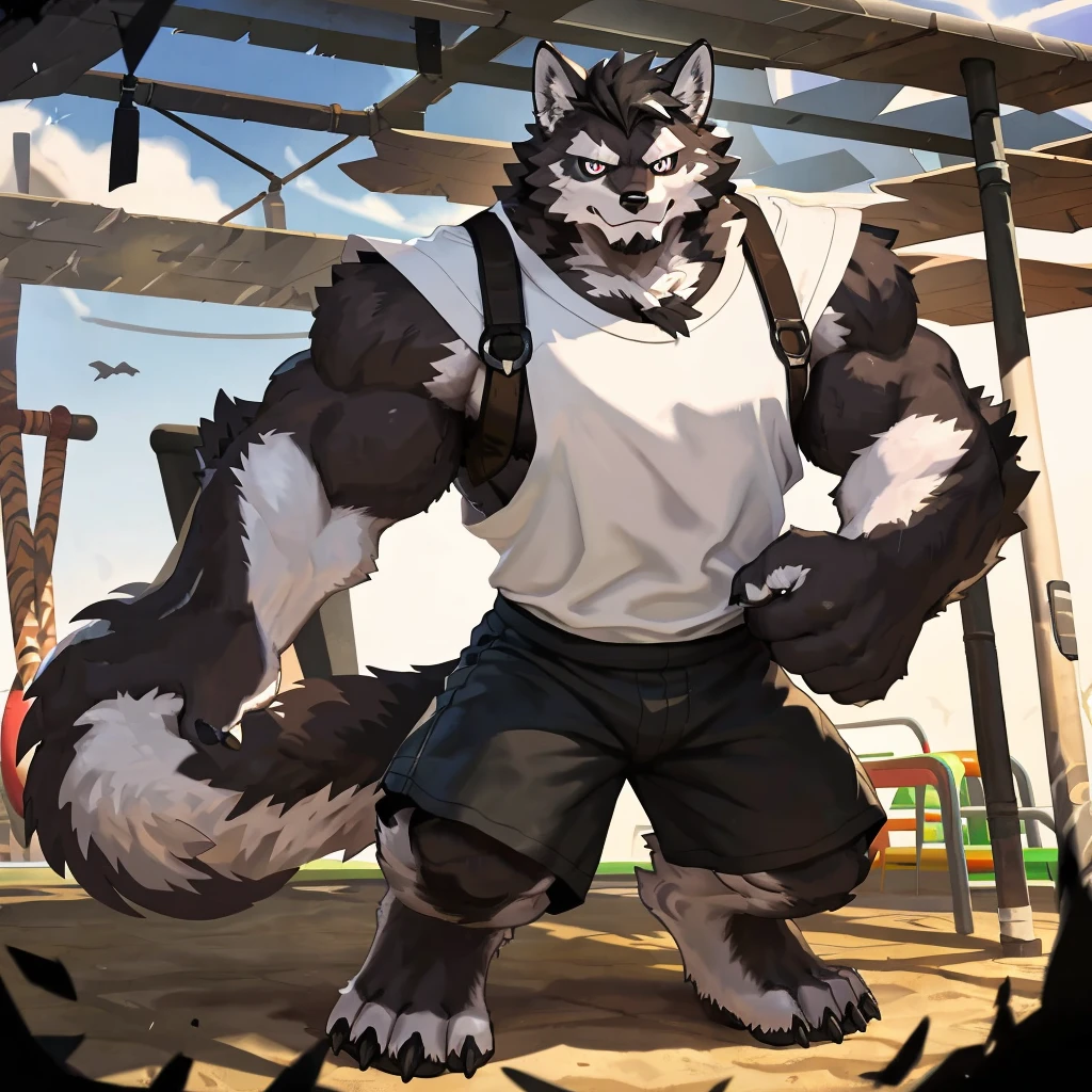 (Strong arms),(Strong legs),masterpiece, best quality, Official Art, Extremely detailed CG unified 8k wallpaper, Ultra Detailed, Best Illustration, , Ink fur, hairy male, Wolf Boy, hairy, Ink fur, 1 Boy,, male focus,, Striped hair, Wolf ears, Animal ears, Single speaker, Ink fur, Bangs, dark hair, White highlights, Medium Hair, Solitary, Ink tail,hairy尾巴,(Black pupil),High target,(In a school playground),,barefoot,(Sexy),((High target and strong)),side,(Delicate eyes:1.2),Inky eyes,male,Solitary,(Inky pupils),(Detailed face),(Sharp eyes),Permanent,(Detailed hands),(Foot details),aldult,type,Moderate,Long legs,(Detailed fingers),(Delicate eyes),(White shirt),(Black shorts),easy,