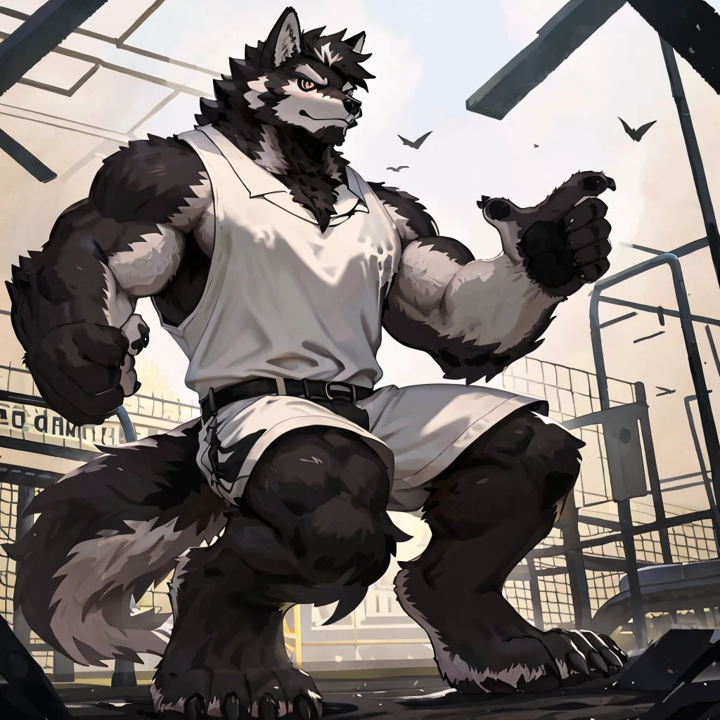 (Strong arms),(Strong legs),masterpiece, best quality, Official Art, Extremely detailed CG unified 8k wallpaper, Ultra Detailed, Best Illustration, , Ink fur, hairy male, Wolf Boy, hairy, Ink fur, 1 Boy,, male focus,, Striped hair, Wolf ears, Animal ears, Single speaker, Ink fur, Bangs, dark hair, White highlights, Medium Hair, Solitary, Ink tail,hairy尾巴,(Black pupil),High target,(In a school playground),,barefoot,(Sexy),((High target and strong)),side,(Delicate eyes:1.2),Inky eyes,male,Solitary,(Inky pupils),(Detailed face),(Sharp eyes),Permanent,(Detailed hands),(Foot details),aldult,type,Moderate,Long legs,(Detailed fingers),(Delicate eyes),(White shirt),(Black shorts),easy,