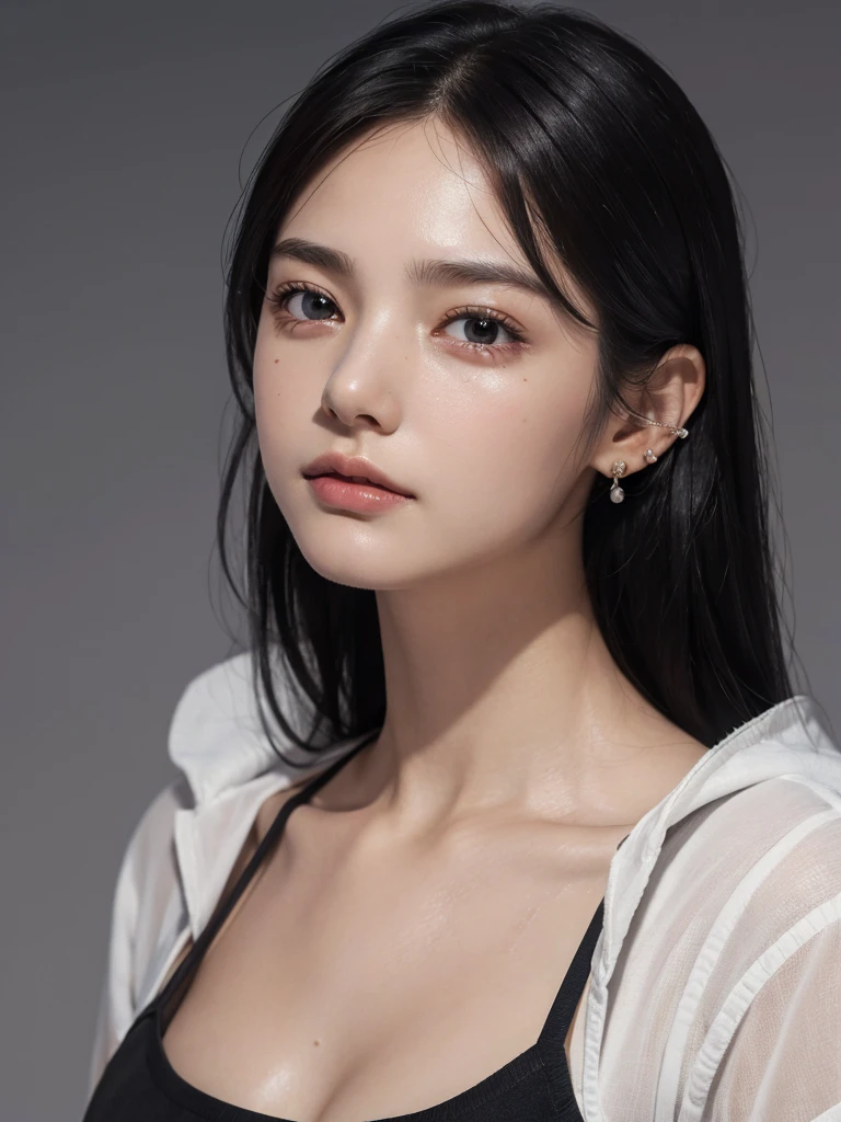 absurdres, RAW photo, extremely delicate and beautiful, masterpiece, Best Quality, ultra high resolution, 32k, hyperrealistic, ultra-detailed, perfect figure, in her 20s, very small head, very small face, delicate facial features, tearful mole, earring, huge breasts, legs, full body shot, medium hair, black hair, colored inner hair, sweat, school_uniform,