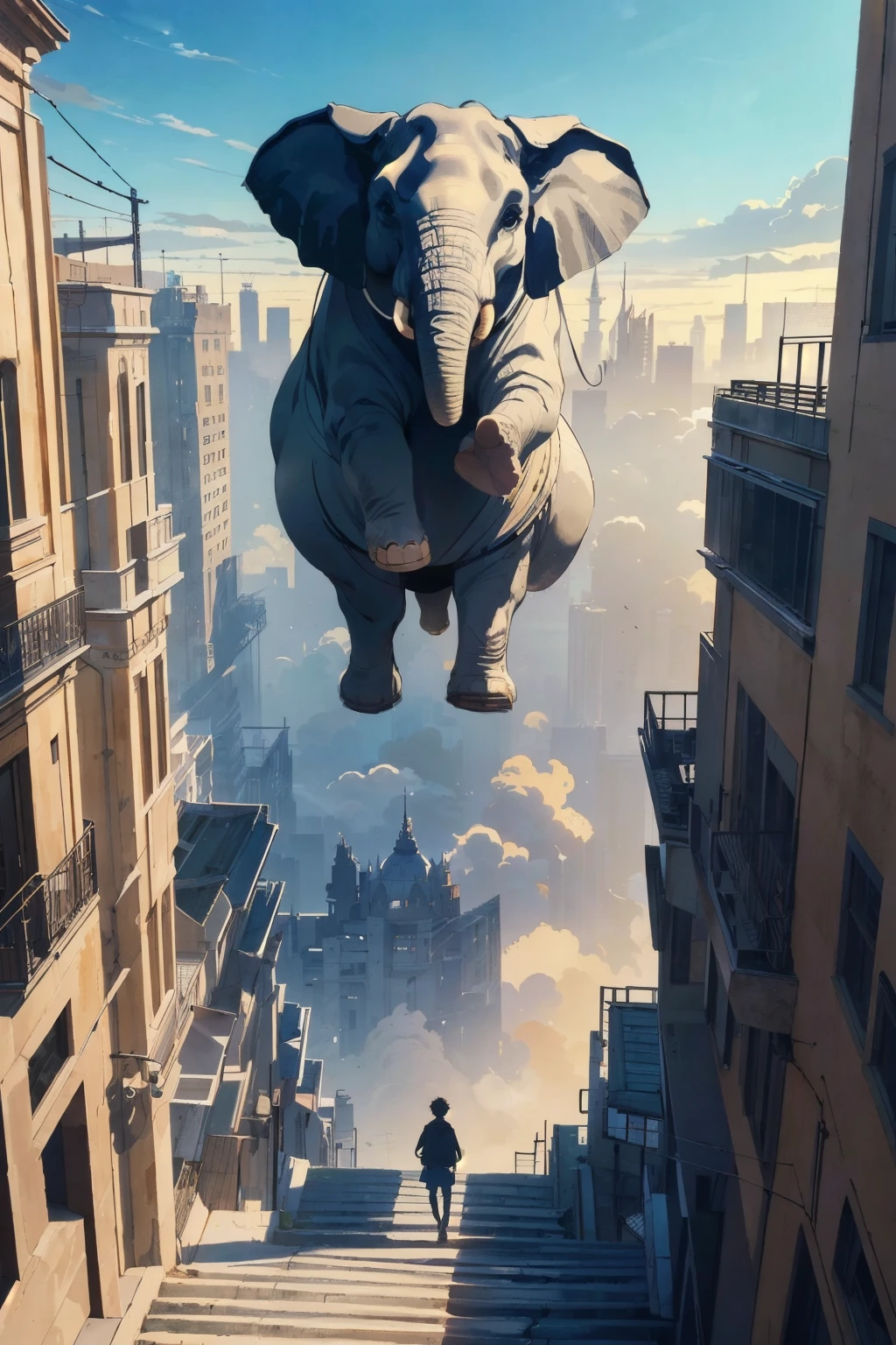 ((masterpiece)),(illustration),Best quality,Delicate details,improved rendering,anime style,чрезвычайно подробные обои CG Unity 8k,cartoon style,((Guido Daniele)),((masterpiece)),(illustration нарисовать слона, who confidently walks along the wire, stretched between two skyscrapers. The view from above reveals a breathtaking picture: beneath the elephant lies a modern city. The buildings look like toys, and the streets intertwine into a complex labyrinth. Sunlight brightly illuminates the scene, creating contrasting shadows on the roofs of buildings. In the distance, where the city merges with the horizon, plumes of smoke are visible, that slowly rise into the clear sky, adding a mystical atmosphere to this unusual day