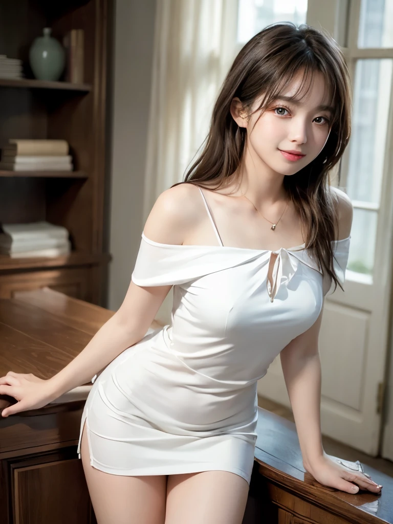 ((masterpiece: 1.3),8K, Realistic, RAW Photos, Highest quality: 1.4), (One Girl), beautiful顔, (Realistic Face), (Brown long hair: 1.3), bangs,She is wearing a stylish off-the-shoulder dress, Short sleeve、Off-the-shoulder see-through garter stockings, Black Skirts, White knee socks, Thigh straps, Perfect dynamic composition,(High quality with attention to detail, Realistic depiction of eyes:1.3)、Hands tied、Tied up woman、Place your arms behind your back、The whole is facing forward、21talent、beauty、Well-formed face、Make the eyes even、beautiful黒髪、Bandidium Build、Balanced ratio、beautiful足、Short sleeveブラウス、Fresh face、beautiful景色、beautifulヘアスタイル, (bangs), (smile), smile, Realistic eyes, Gloss, highlight, highlight in the Eyes, eyelash, 目の中のbeautifulディテール, (Realistic Skin), Shooting from the air、beautiful肌, Transparency、(beautiful)、 bust, smile, teeth, Confused, charm, 超High resolution, Ultra-realistic, High resolution, Golden Ratio, Clear eyes, Wet, Mole, Looking into the camera, ear, Shine, Long neck, double eyelid, Big eyes, cheek, kind character, charm personality, kind, Move, 圧倒的なcharm, bright personality