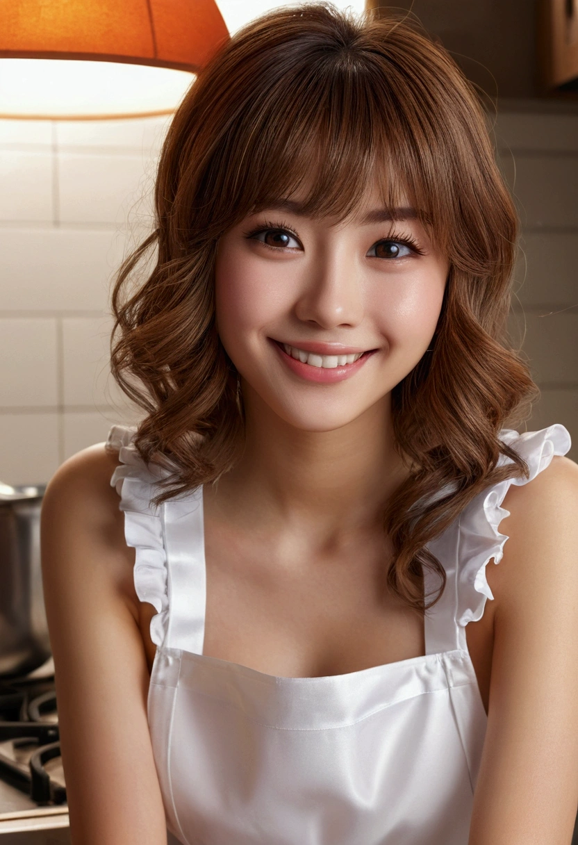 Product quality, One girl, Full Body Shot, Front view, Young and cute girl in Japan, Shoulder-length hair, With a big smile、She was naked and only wore a frilly white apron of silk satin., sitting at the kitchen table, Attractive person, Big Breasts, Super cute face, Glossy Lips, Double eyelids on both eyes, Natural Makeup, Long eyelashes, Light Brown Hair, Asymmetrical bangs, Fair skin, Center image, High resolution, High detail, Detailed hairstyle, Detailed face, Cinema Lighting, Octane Rendering, Vibrant, Ultra-realistic, Perfect limbs, Perfect Anatomy
