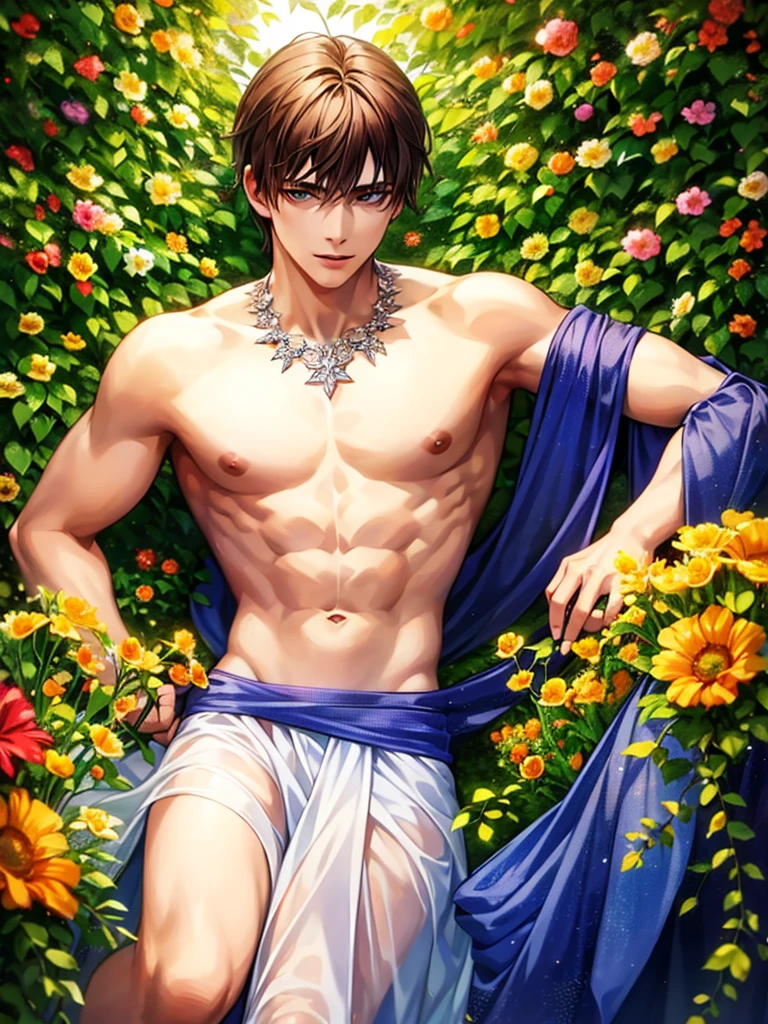 1  boy, detailed boy, muscular boy, brown hair, blue eyes, twink, small waist, big arms, chiseled abs, big voluptuous chest, body wrapped in beautiful flower vines, see-through clothes, floral scene, sunset beautiful floral field, high quality, detailed, 3d, vines wrap around legs arms and body, flower in ear, flower on crotch