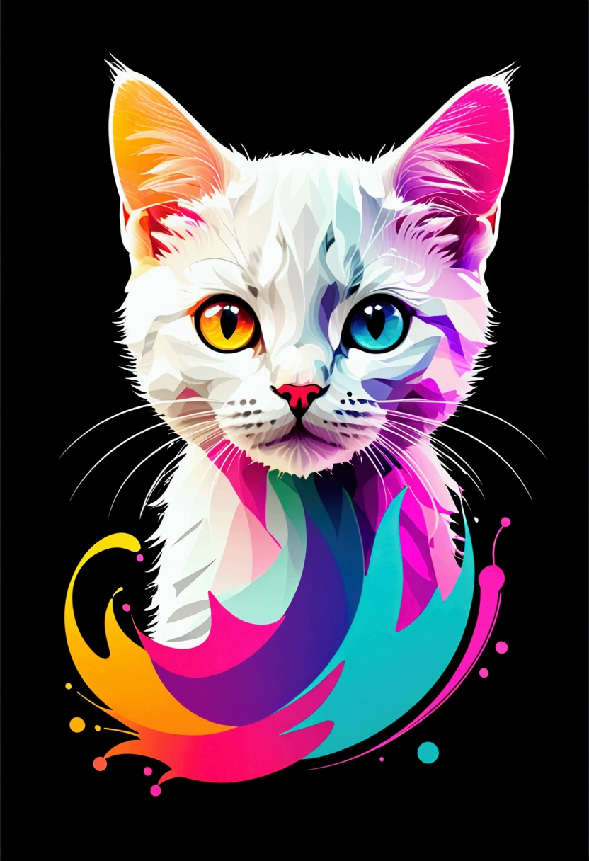 colorful logo, Minimalist cute kitten head vector art logo illustration, 正面, magical, Sharp design, soft, Monochromatic color, Dark magical colorful splash paint, t shirt design, Studio Ghibli style, o design deve ser arte vetorial . Usando Adobe Illustrator, Create a cleanse, Logotipo simples, but captivating. Keep the design focused on the cat's eye, Capture your uniqueness and charm. The logo should evoke a sense of sophistication and tranquility. The emphasis on low-poly style adds a touch of luxury. The overall aesthetic should be sleek and modern, Relevant to your brand and logo goals, black backgrounds, ((Symmeter)) It's a small cat