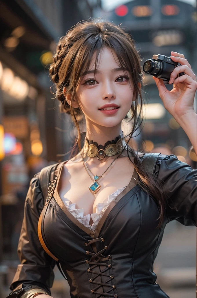 (masterpiece:1.3), (8K, Realistic, RAW Photos, Best image quality: 1.4), Japanese 、26 years old,(Random Hairstyles:1.2)、Cleavage:1.2、Highly detailed face、Attention to detail、double eyelid、Chest to chest、Sharp focus:1.2、Beautiful woman:1.4、Light brown hair、Highest quality、masterpiece、Ultra-high resolution、(Realistic:1.4)、Highly detailed and professionally lit smiles、Loose fitting steampunk outfit、Shoulder out、thin、Serious expression、Holding a gorgeous necklace in her right hand, In the city、Eat dinner、Perfect hands、Five fingers、Perfect Fingers