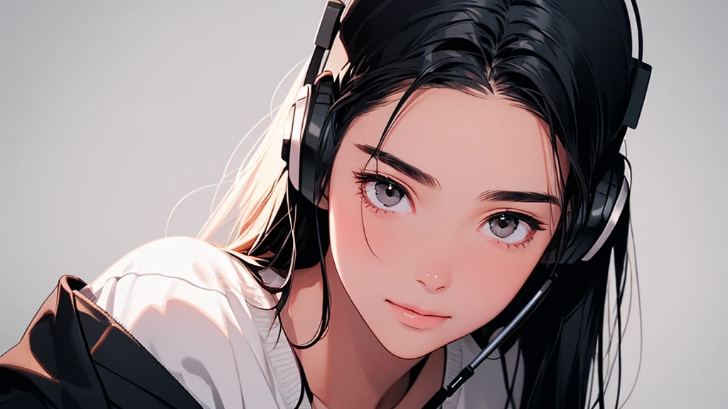 High resolution,Super detailed,Realistic,Portraiture,White women,18-year-old,Black Hair, bangs,Hazel Iris,Toned Up,Physically slim,Realistic proportions,Anatomically correct,university student,smile, Pink Cheeks; Intimate distance,Dark soft lighting,hiphop girl,Neon Hair,Textured Trim, (masterpiece,Highest quality), lofi, Battle DJ girl in HIPHOP fashion wearing DJ headphones