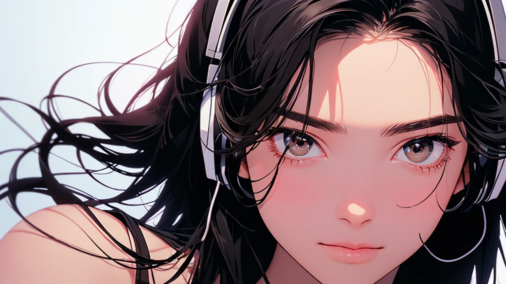 High resolution,Super detailed,Realistic,Portraiture,White women,18-year-old,Black Hair, bangs,Hazel Iris,Toned Up,Physically slim,Realistic proportions,Anatomically correct,university student,smile, Pink Cheeks; Intimate distance,Dark soft lighting,hiphop girl,Neon Hair,Textured Trim, (masterpiece,Highest quality), lofi, Battle DJ girl in HIPHOP fashion wearing DJ headphones