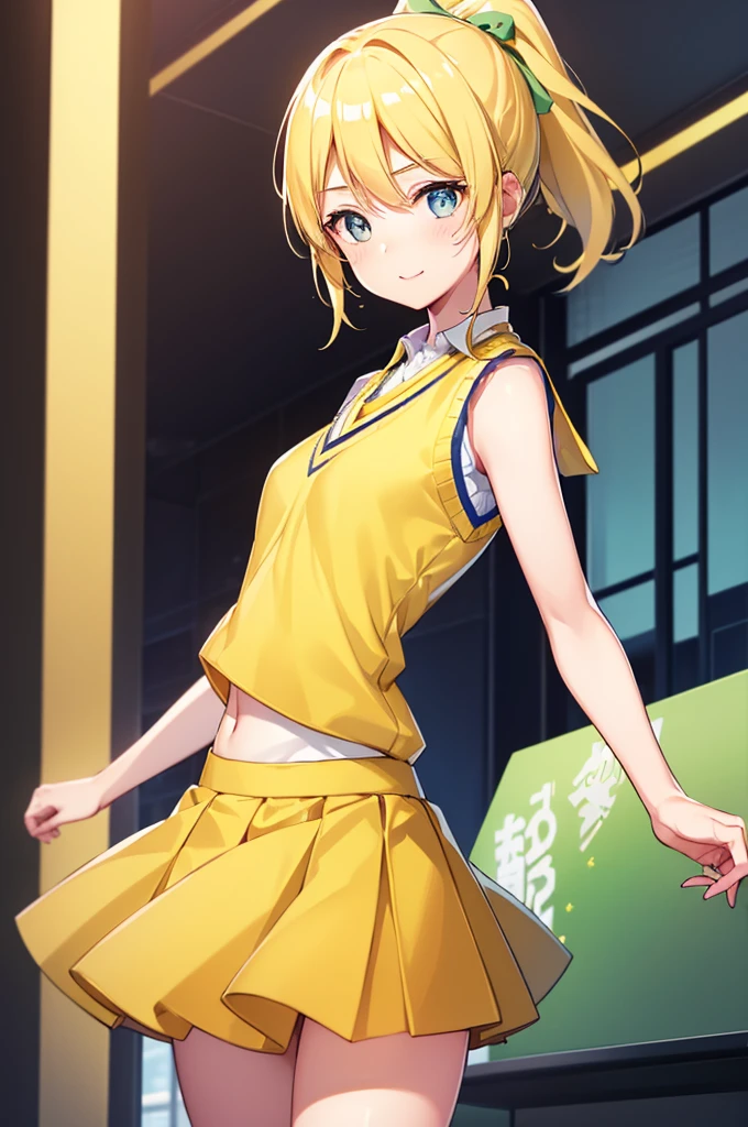 Eri Aase, catalyst, Yellow Hair, blue eyes, ponytail, Hair Ribbon, break otonokizaka , pleated skirt, Large green ribbon tie, Short sleeve, skirt, Summer clothes, Sweater vest, (yellow Sweater vest:1.5), break looking at viewer, break indoors, classroom, break (masterpiece:1.2), Highest quality, High resolution, unity 8k wallpaper, (figure:0.8), (Beautiful attention to detail:1.6), (Perfect hands, Perfect Anatomy), Highly detailed face, Perfect lighting, Highly detailed CG, (Perfect hands, Perfect Anatomy), , (3D Face:1.1), (Shiny skin:1.5), (超High resolution intricate face details), (Facial skin pores:1.3), 超High resolution cloth texture, Big smile、Blushing、Open your mouth, Showing off her perfect legs