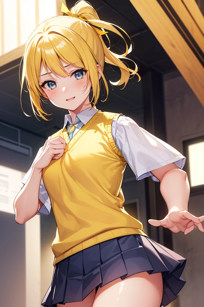 Eri Aase, catalyst, Yellow Hair, blue eyes, ponytail, Hair Ribbon, break otonokizaka , pleated skirt, Large green ribbon tie, Short sleeve, skirt, Summer clothes, Sweater vest, (yellow Sweater vest:1.5), break looking at viewer, break indoors, classroom, break (masterpiece:1.2), Highest quality, High resolution, unity 8k wallpaper, (figure:0.8), (Beautiful attention to detail:1.6), (Perfect hands, Perfect Anatomy), Highly detailed face, Perfect lighting, Highly detailed CG, (Perfect hands, Perfect Anatomy), , (3D Face:1.1), (Shiny skin:1.5), (超High resolution intricate face details), (Facial skin pores:1.3), 超High resolution cloth texture, Big smile、Blushing、Open your mouth, Showing off her perfect legs