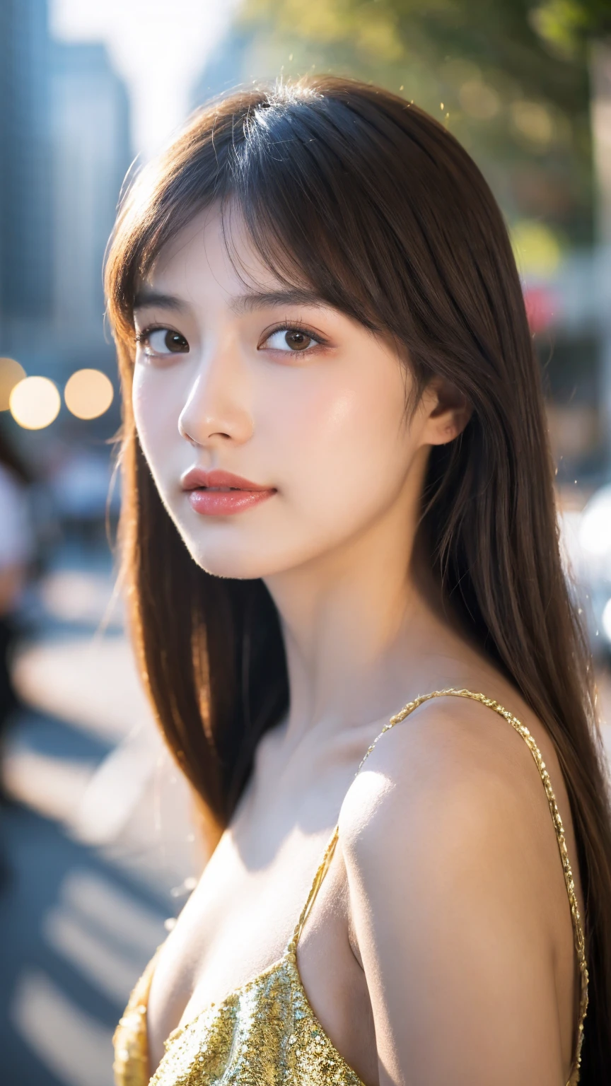 ((Best quality, 8K, masterpiece:1.3)),1girl,18 years old,Asian,Real texture:1.3,(Background blur:1.1),Dress Up,Tall and slender figure:1.2,(Hot summer weather),(street:1.3),Highly detailed face and skin textures,Exquisite eyes,Long eyelashes,Double eyelids,Skin Whitening,happy,Various postures,Big breasts