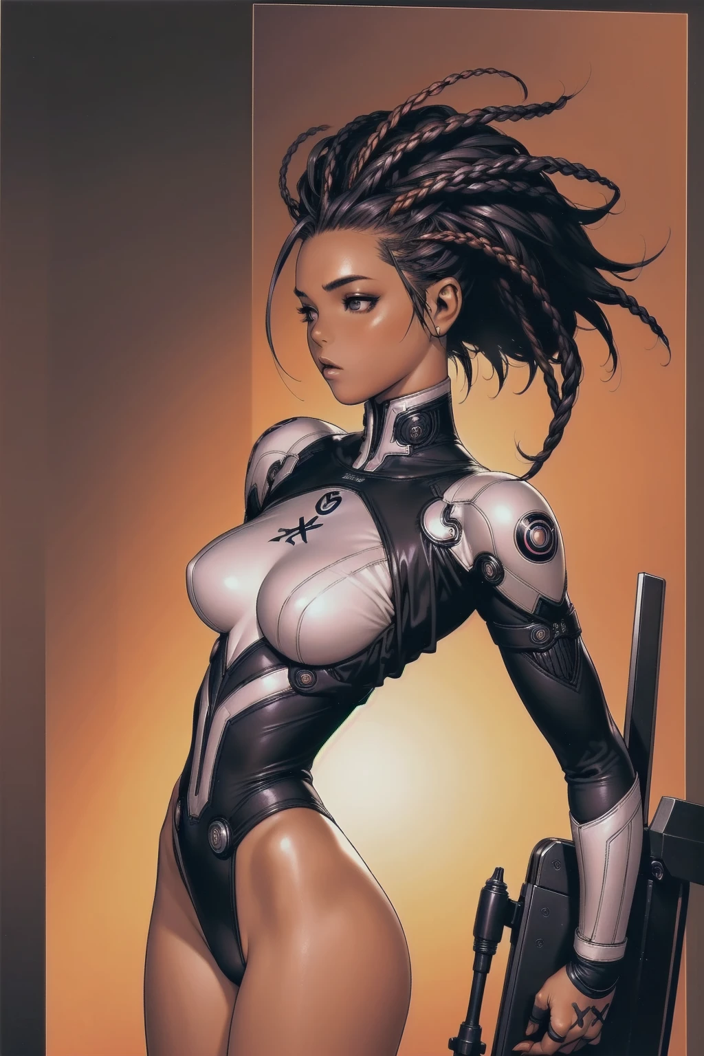(((half_buzzcut_hairstyle))), (((storm from X-men))), (((Dark Skin))), (((Afro American girl))), (((Mohawk hair))), (((best qualityer))), (((perfectbody))), (((1girl))), Beautiful African American woman in cyberpunk jacket, (((glossy black skin))), (((cowboy shot))), (((dental floss))), (((afro girl))), (((coxas nuas))), (((DuneWalker))), high collar, digitalpainting, Black, red and yellow, Digital illustration, extreme detail, digitl art, 4K, ultra HD. Your skin is deep, rich color and your hair is mohawk, ((best qualityer)), (((floor))), (((x-men outfit))), (((slim))), (Muscles), (((sexly))), ((Perfect masterpiece)), (detailded: 1.4), (absurdrez), (((Mohawk hair shaved on the sides))), (((full body fitness, neckline showing part of the breasts)), (((black female))), 21 year old woman, beautiful sexy woman, heroine, wild with perfect corpo fitness, wearing little heroine clothes, tiny thong, clothes with cyberpunk graphic patterns, Halftone pattern and vertical stripes