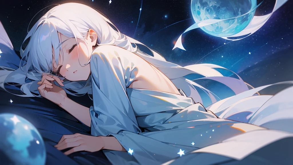 masterpiece, Full-HD, a girl, sleeping, white hair, slender, surrounded by stars, mystical atmosphere, cel anime, upper body, on right, blue hues, rule of thirds